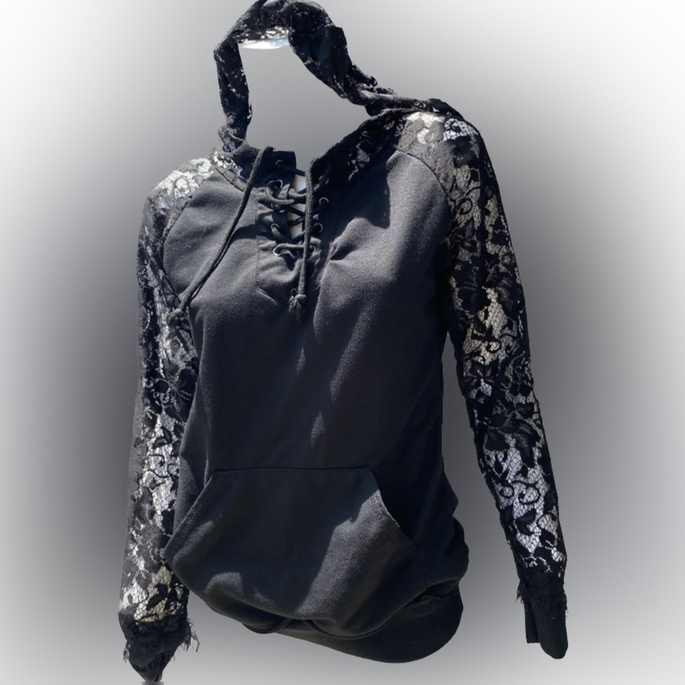 Black lace goth emo black hoodie with lace hood and sleeves dark wave